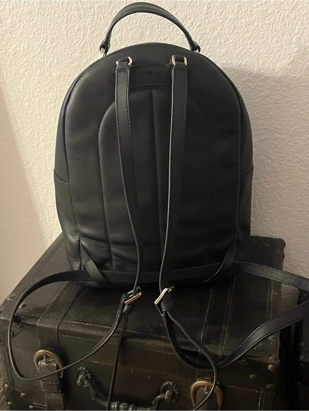Furla Black Leather Mini Backpack with Gold Hardware